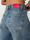 Kadın Yüksek Bel Etiket Detaylı Wide Leg Bol Paça Jean Pantolon