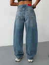 Kadın Yüksek Bel Etiket Detaylı Wide Leg Bol Paça Jean Pantolon