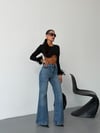 Kadın Yüksek Bel İspanyol Paça Jean Pantolon Flare Denim Kot