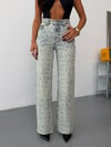 Kadın Yüksek Bel Leopar Desenli Geniş Paça %100 Pamuk Denim Pantolon
