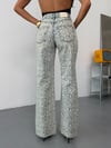 Kadın Yüksek Bel Leopar Desenli Geniş Paça %100 Pamuk Denim Pantolon