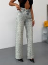 Kadın Yüksek Bel Leopar Desenli Geniş Paça %100 Pamuk Denim Pantolon