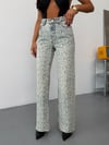Kadın Yüksek Bel Leopar Desenli Geniş Paça %100 Pamuk Denim Pantolon