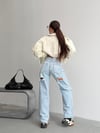 Kadın Yüksek Bel Önü Ve Arkası Yırtık Detaylı Wide Leg Jean Pantolon