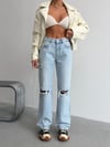 Kadın Yüksek Bel Önü Ve Arkası Yırtık Detaylı Wide Leg Jean Pantolon