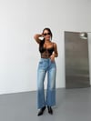 Kadın Yüksek Bel Paçası Püsküllü Wide Leg Jean Pantolon Bol Paça Kot Pantolon