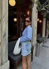 Kadın Yüksek Bel Panel Detaylı Püsküllü Pamuklu Denim Mini Etek