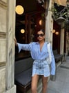 Kadın Yüksek Bel Panel Detaylı Püsküllü Pamuklu Denim Mini Etek