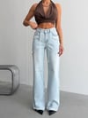 Kadın Yüksek Bel Pencereli Kesik Detaylı Wide Leg Denim Pantolon