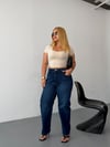 Kadın Yüksek Bel Slouchy Mom Jean Rahat Kesim Düz Kemer Kot Pantolon