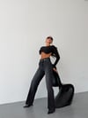 Kadın Yüksek Bel Ütü Çizgili Straight Wide Leg Jean Pantolon