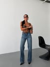 Kadın Yüksek Bel Ütü Çizgili Straight Wide Leg Jean Pantolon