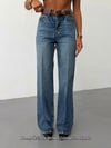 Kadın Yüksek Bel Ütü Çizgili Straight Wide Leg Jean Pantolon