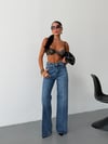 Kadın Yüksek Bel Ütü Izli Wide Leg Jean Pantolon Düz Kesim Denim