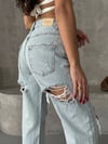 Kadın Yüksek Bel Wide Leg Arkası Yırtık Tasarım Trend Denim Pantolon