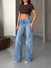 Kadın Yüksek Bel Wide Leg Denim Arkası Kesik Tasarım Trend Mavi Denim Pantolon
