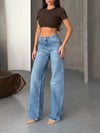 Kadın Yüksek Bel Wide Leg Denim Arkası Kesik Tasarım Trend Mavi Denim Pantolon