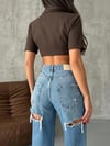 Kadın Yüksek Bel Wide Leg Denim Arkası Kesik Tasarım Trend Mavi Denim Pantolon