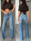 Kadın Yüksek Bel Wide Leg Denim Arkası Kesik Tasarım Trend Mavi Denim Pantolon