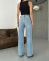 Kadın Yüksek Bel Wide Leg Jean - Önü Pencereli Yırtık Detaylı Geniş Paça Denim Pantolon