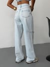 Kadın Yüksek Bel Wide Leg Jean Pantolon Diz Yırtıklı Bol Paça Kot Pantolon