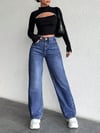 Kadın Yüksek Bel Wide Leg Jean Pantolon Düz Bol Paça Kot Pantolon