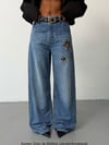 Kadın Yüksek Bel Wide Leg Leopar Yıldız Yama Detaylı Kot Pantolon