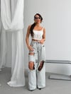 Kadın Yüksek Bel Yırtık Detaylı Bol Paça Kot Pantolon Saçaklı Wide Leg Denim