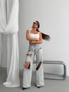 Kadın Yüksek Bel Yırtık Detaylı Bol Paça Kot Pantolon Saçaklı Wide Leg Denim