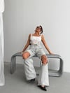 Kadın Yüksek Bel Yırtık Detaylı Bol Paça Kot Pantolon Saçaklı Wide Leg Denim