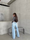 Kadın Yüksek Bel Yırtık Detaylı Salaş Pamuklu Denim Pantolon Wide Leg