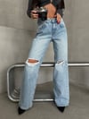 Kadın Yüksek Bel Yırtık Detaylı Salaş Pamuklu Denim Pantolon Wide Leg