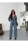 Kapüşonlu Düğmeli Relax Fit Denim Tulum – Mavi