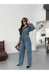 Kapüşonlu Düğmeli Relax Fit Denim Tulum – Mavi