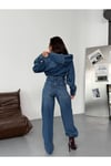 Kapüşonlu Relax Fit Mavi Denim Tulum