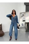 Kapüşonlu Relax Fit Mavi Denim Tulum