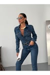 Kemerli Likralı Denim Şık Fit Tulum