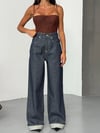 Koyu Denim Geniş Paça Kemer Detaylı Jean