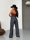 Koyu Denim Geniş Paça Kemer Detaylı Jean