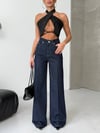 Koyu Denim Geniş Paça Yüksek Bel Pantolon