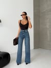Koyu Denim Geniş Paça Yüksek Bel Pantolon