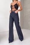 Koyu Denim Geniş Paça Yüksek Bel Pantolon