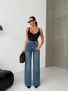 Koyu Denim Geniş Paça Yüksek Bel Pantolon