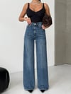Koyu Denim Geniş Paça Yüksek Bel Pantolon