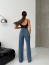 Koyu Denim Geniş Paça Yüksek Bel Pantolon