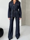 Koyu Denim Kemerli Ceket & Flare Pantolon Takım – Premium İkili Set