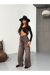 Koyu Kahve Geniş Paça Yüksek Bel Denim Pantolon