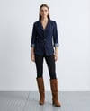 Lacivert Denim Blazer Ceket Slim Fit Şık Kadın Ceket Tek Düğmeli