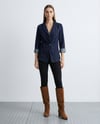 Lacivert Denim Blazer Ceket Slim Fit Şık Kadın Ceket Tek Düğmeli
