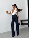 Lacivert Simli Yüksek Bel Wide Leg Jean Pantolon Kadın Parlak Denim Pantolon